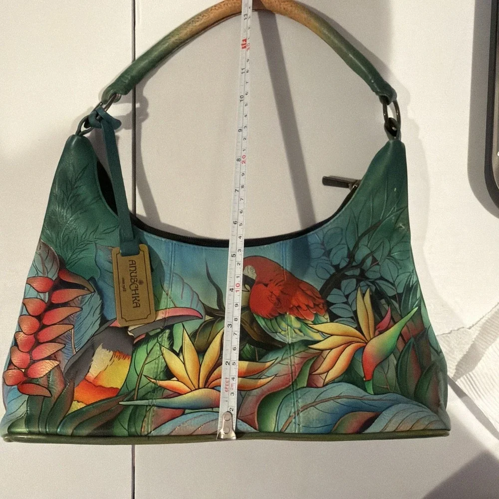 Anuschka Leather Hobo Tropical Bliss‎ Hand Painted Purse Brass Hardware Birds